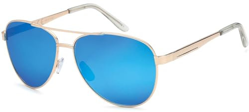 styleBREAKER polarisierte Flieger Sonnenbrille, Pilotenbrille mit Federscharnier, Etui und Putztuch, Unisex 09020046, Farbe:Gestell Hellgold/Glas Blau-Lila verspiegelt