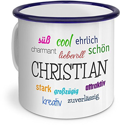 printplanet Emaille-Tasse mit Namen Christian - Metallbecher mit Design Positive Eigenschaften - Nostalgie-Becher, Camping-Tasse, Blechtasse, Blau
