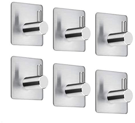 MEckily 6 Pack Selbstklebend Handtuchhaken, 8kg Bademantelhaken Haken 3M Edelstahl Gebürstet Wandhaken Edelstahl rostfrei Bad und Küche Handtuchhalter Kleiderhaken Ohne Bohren (Quadrat)