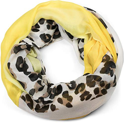 styleBREAKER Damen Loop Schal mit Leoparden Animal Print Muster und Color Blocking Farbflächen, Schlauchschal, Tuch 01016182, Farbe:Gelb-Curry