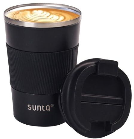 SUNTQ Reusable Coffee Cups Travel - Coffee Travel Mug with Leakproof Lid - Thermal Mug Insulated Cup - Stainless Steel Travel Cup with Rubber Grip - for Hot and Cold Drinks, 13oz/380ml Black
