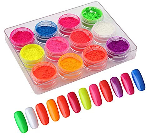 Nail Pigment Powder, 12 Boxes Neon Fluorescent Nail Powder Nail Art Gradient Powders Laser Nail Glitter Dust for Nail Art Body and Crafts (F Neon Powder)