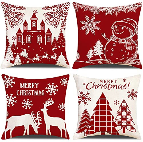 GYISANA 4er Set Dekorativ Kissenbezug Baumwolle Leinen Kissenhülle Dekokissen Sofakissen für Couch, Auto, Schlafzimmer 45x45 cm (Weihnachten Schneemann)