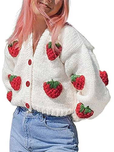 KMBANGI Women Button Down Sweater V Neck Cable Knit Crop Cardigan Cute Oversized Jumper Top Aesthetic Clothe