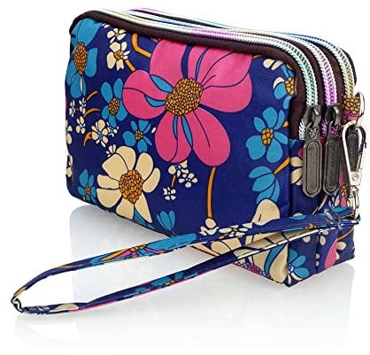 conisy Nylon Wristlet Purses for Women,3 Layers Zipper Small Crossbody Shoulder Bag,Ladies Clutch Wallets with Strap (flowers blue background)
