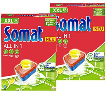 Somat All in 1 Spülmaschinen Tabs Zitrone & Limette (2x57 Tabs), Geschirrspül Tabs für strahlende Sauberkeit auch bei niedrigen Temperaturen, kraftvoll gegen Eingetrocknetes