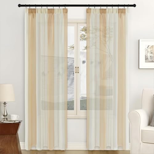MRTREES Gardinen mit Kräuselband Stores Gardinen Schlafzimmer Vorhang Halbtransparent Vorhänge Beige und Weiß 2er Set 225x140cm Streifen