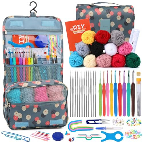 MASPHY 130 Stück Häkelset für Anfänger, komplettes Häkel-Set mit Häkelzubehör für Anfänger und Profis, Häkel-Set für handgefertigte DIY-Häkelprojekte