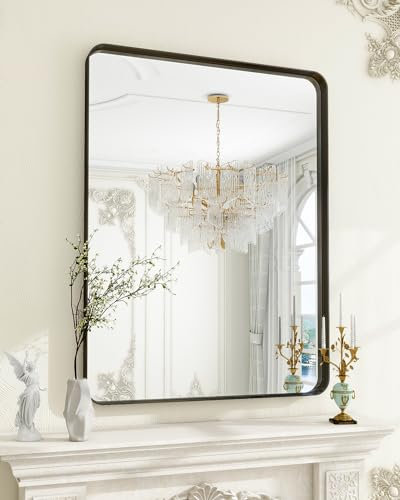 Koonmi Espejo de Pared con Marco Profundo, 90 x 60 cm, Lujoso Espejo Rectangular de Alta Gama, Espejo de Esquina Fileteada, Negro