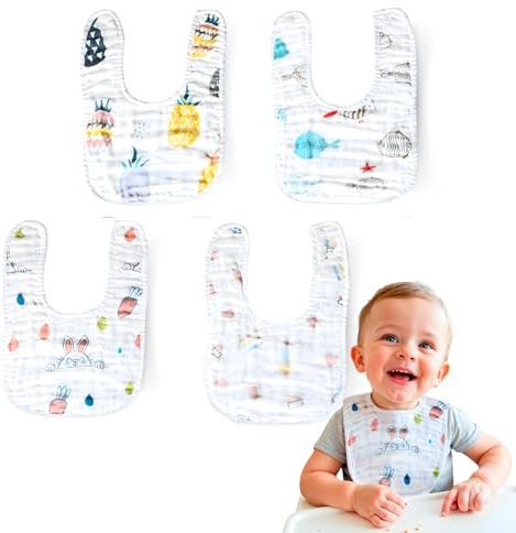 Cantoblanc® Baby Lätzchen aus 100% Bio-Baumwolle, 4 Stück. Wasserdichte Baby Lätzchen mit 10 hochabsorbierenden Schichten. Bandana Mulltücher für das Stillen und Füttern