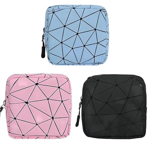 3 Stück Tampon Aufbewahrung Damenbinden Beutel, Klein Wasserdicht Menstruation Slipeinlagen-Tasche, Mini Periodentasche Geldbörsen mit Reißverschluss für Damen Teenager Mädchen (Blau Schwarz Rosa)