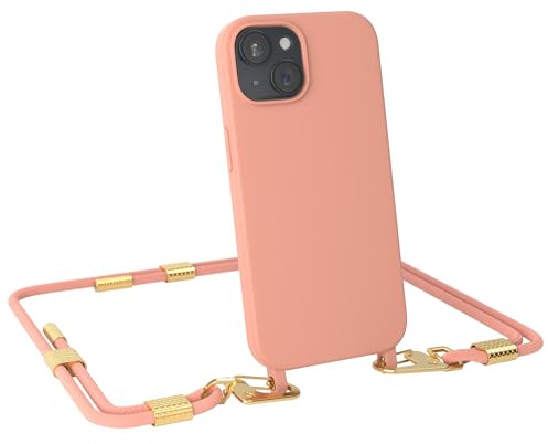 EAZY CASE - Handykette mit Karabiner kompatibel mit iPhone 15 - Hülle Silikon Fallschutz Handyhülle für iPhone 15 Kette zum Umhängen Schutzhülle mit Mikrofaser in Korall - Clips Gold