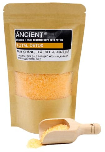 Total Detox Natural Sea Salt & Pure Essential Oils. Soothing Aromatherapy Bath Salt, Deep Soak, Muscle Relief Potion: 350g Resealable Pouch - May Chang, Tea Tree & Juniper