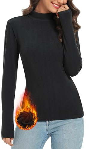 Aottori Thermo Oberteile Damen Rollkragenpullover Fleece Rollkragenshirt Slim Fit Langarmshirt Stehkragen Warm Thermounterwäsche Langarm Basic Top Schwarz XL
