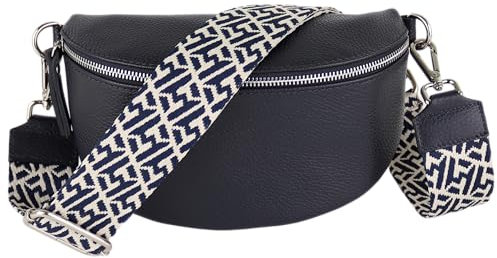 MIRROSI® Bauchtasche Damen, Echtleder, Made in Italy, Umhängetasche, Brusttasche, Crossbody Bag (1 Tasche & 2 Gurte) (Navy (Netz), Große Tasche (28x18x9cm))