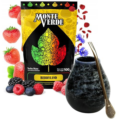 Yerba Mate-Tee Set mit Yerba Mate Monte Verde Berryland 500g ● Mate Tee mit Erdbeerfrucht, schwarze Johannisbeere, Himbeere ● Keramik mate-tee tasse Marmol 350ml ● Edelstahl Bombilla 19cm
