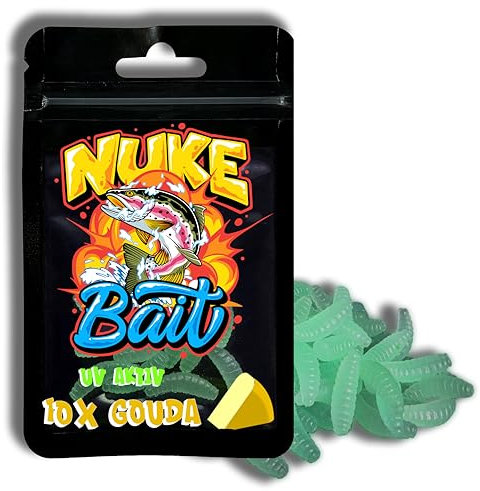Nuke Bait - Forellenköder - Bienenmaden mit Lockstoff -10 Stück - UV Aktiv - Forellen Köder, Bienenmade, Kunstköder mit Geruch, Aroma Angelköder, Raubfisch, Bester Fischköder (Gouda - Aroma)