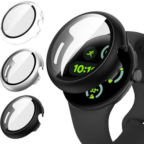 Neitra 3 Piezas Funda para Google Pixel Watch 3 45 mm, con 9H Templado Protector de Pantalla, Cubierta protectora de PC dura para Pixel Watch, Transparente+Negro+Plata