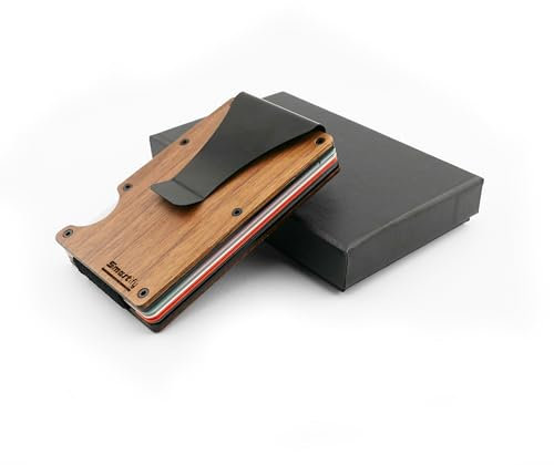 Smartify Kartenetui aus Walnussholz - Business Card Holder für Herren - RFID Schutz Slim Wallet für Kreditkarten Bargeld Visitenkarten - Holz Kartenhalter mit Gummiband und Metall Clip