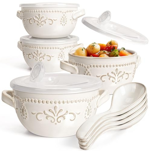 Artena French Onion Soup Bowls with Handles and lids & Spoons, 20 Oz Ceramic Soup Crocks Oven Safe Serving Bowls for Chili, Beef Stew, Cereal, Pot Pies, Embossment, Set of 4, White (Damask Floral)