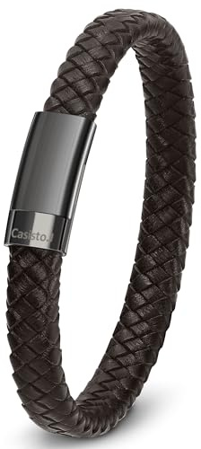 Casisto.J Lederarmband Herren Armband Männer Echtleder Geflochten Breite Armbänder mit Gravur Edelstahl Magnetverschluss Wickelarmband