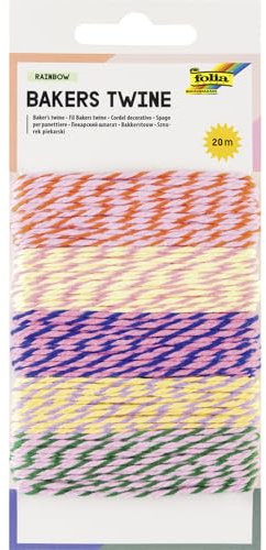 folia 12212 - Bakers Twine Rainbow, 20 m, Baumwoll Schnur in 5 Farbkombinationen, DIY Bastelgarn zum Basteln und Verzieren von Süßigkeiten Verpackungen UVM.