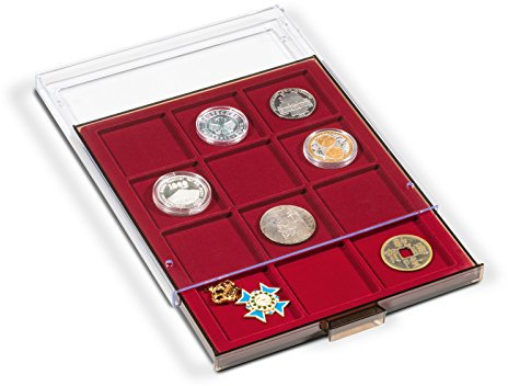 Star Collect Münzbox - 12 eckige Münz-Fächer - samtartige rote Einlage – 64 x 64 mm Felder für Broschen/Orden