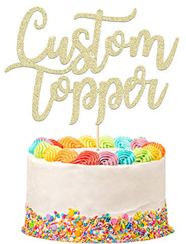 Personalised Cake Topper Happy Birthday Decorations Double Sided Glitter Card Any Text Customised Wedding Party Multicolour 1st 13th 16th 18th 21st 30th 40th 50th 60th 70th (Champagne Gold)