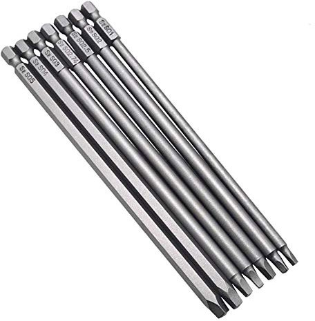 Gasea 7pcs 150mm Long Magnetic Square Head Screwdriver Bits 1/4 Hex Shank Square Drive Bit Set SQ1, SQ2, SQ2.5, SQ2.7, SQ3, SQ4, SQ5