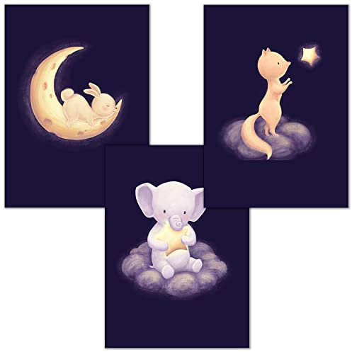 Bilderzeile® Poster Kinderzimmer, 3 Bilder für Kinderzimmer und Babyzimmer Deko, Kinderbilder mit Tieren für Mädchen & Jungen, Wandbilder mit Premium Kunstdruck DIN A4, ohne Rahmen, 3er Set #1