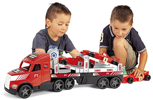 Wader 36240 - Magic Truck Formel 1 Rennwagen, inkl. Transporter mit Seilwinde, ab 3 Jahren, ca. 79 cm, ideal als Geschenk für kreatives Spielen