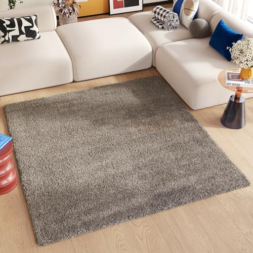 TAPISO Essence Teppich Quadratisch Shaggy Hochflor Langflor Grau Einfarbig Weich Modern Design Wohnzimmer Schlafzimmer ÖKOTEX 120 x 120 cm