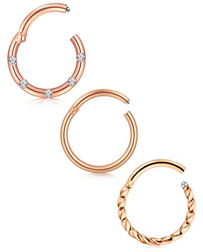 Mayhoop 18G Nose Ring Nose Piercing Rings Surgical Steel rose gold 10mm Hinged Segment Clicker Rings Hoop Eyebrow Lip Bars Tragus Daith Helix Earrings Piercing Jewellery 3Pcs