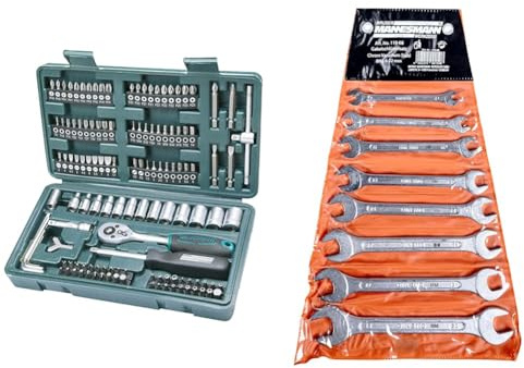 Brüder Mannesmann M29166 Steckschlüssel und Bitsatz, 130-tlg & M 110-08 Gabelschlüsselsatz, 8-tlg, 6-22 mm, CV, 22 mm