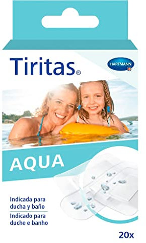 Tiritas Aqua: Apósitos ideales para el contacto con agua, ducha o baño; Con adhesivo hipoalergénico. Perfectas para proteger pequeñas heridas y dejan transpirar la piel; 3 tamaños; 20 unidades