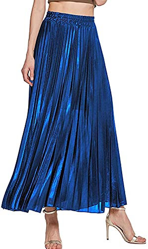 oytto Damen Faltenrock Metallic Glänzend Lang Midi Akkordeon Rock, funkelndes Blau, 48