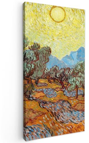 MuchoWow Leinwand Bilder, Einzigartige Wanddeko mit Rahmen, Olivenbäume mit gelbem Himmel und Sonne - Vincent van Gogh, Wandbilder Wohnzimmer, Deko Schlafzimmer 20x40 cm
