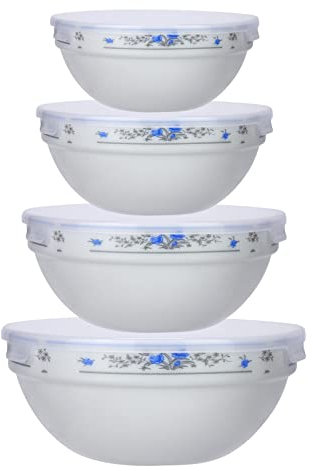 Glass Bowls with Lids White Set of 4 Opal Glass Serving Storage Bowl Nesting Salad Food Stackable for Meal Prep Leftovers Baking Cooking Kitchen, Microwave and Dishwasher Safe (Blue Floral)