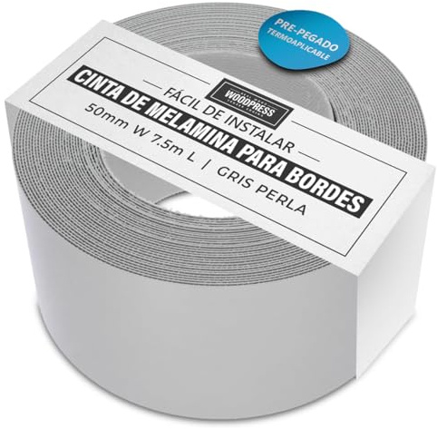 WoodPress® 50mm Perlgrau Melamin-Kantenumleimer zum Aufbügeln 7,5m | Kantenumleimer mit Schmelzkleber, flexible Bügelkante für schnelle Möbelreparatur sowie Schrank- und Regalkanten