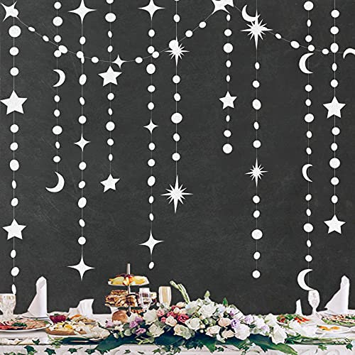 Schillernde Stern-Mond-Kreis-Punkt-Girlande-Party-Dekorations-Set Hängende Halbmond und Twinkle Little Star Streamer Banner für Kinder Erster Geburtstag Ramadan EID Mubarak deko (White Star Moon)