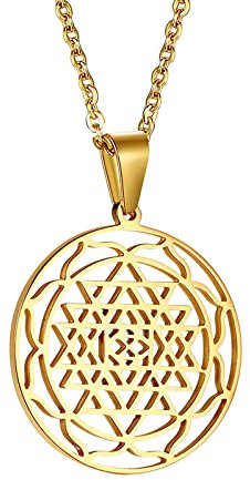 FLHEART Meditation Halskette Herren Damen - Heilige Geometrie Geschenk Edelstahl Hinduismus Symbol Sri Yantra Chakra Halsketten Amulett Talisman Schmuck,Vergoldet