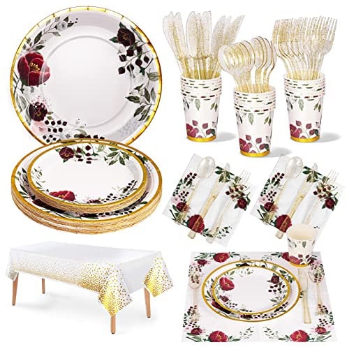 Nkaiso Vaisselle de fête Fleur, 141 Pièces Vaisselle Anniversaire Set Couvert Floral Assiette Carton Gobelets Serviette Papier Réutilisable couverts pour Party Decoration -20 Invités