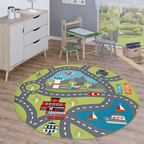 Paco Home Kinderteppich Teppich Rund Kinderzimmer Spielteppich Straßenteppich Modern rutschfest Junge Mädchen, Grösse:160 cm Rund, Farbe:Grün 2