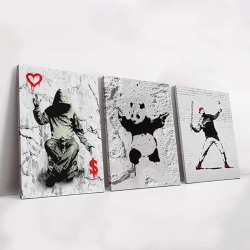 KAWAHONE Banksy Wandkunst-Poster, Banksy Panda mit Handfeuerwaffen, coole Wanddekoration, Straßen-Graffiti-Kunst, schwarz und weiß, Leinwand für Schlafzimmer, Büro, Wanddekoration, 61 x 91 cm, 3 Stück