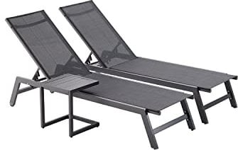 CONCEPT USINE | Juego de 2 tumbonas reclinables + mesa auxiliar | baño de sol al aire libre | Prato negro | 2 ruedas | aluminio textil respaldo ajustable | jardín terraza playa piscina