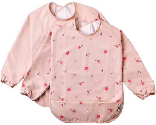 BABATÉ Kids - Lätzchen mit Ärmeln, Ärmellätzchen baby, Wasserdichtes Baby Lätzchen, Ganzkörper lätzchen baby, Latz mit ärmel baby, abwaschbare lätzchen baby, Lätzchen mit Ärmel (Rosa Marienkäfer)