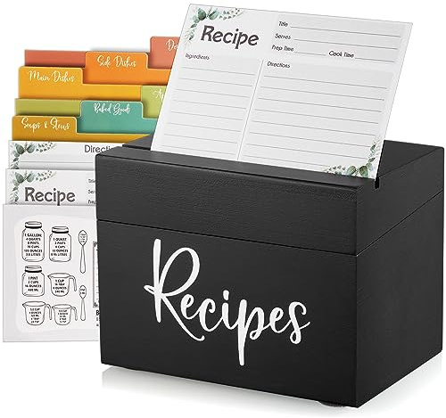 DRASTAR Rezeptbox, Rezeptbox aus Holz, schwarz, mit 50 Rezeptkarten 10,2 x 15,2 cm und 6 Trennwänden, Rezeptbuch zum Schreiben in Ihren eigenen Rezepten