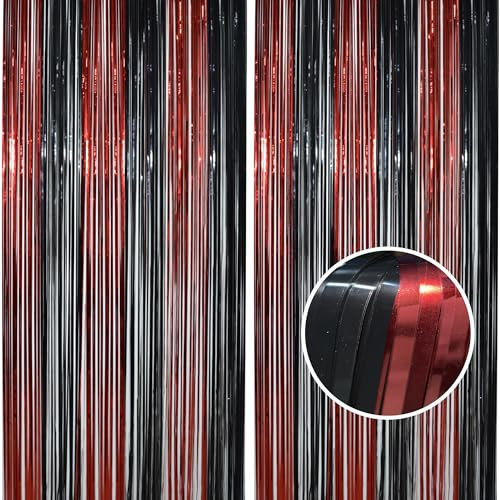 BRAVESHINE Lametta Vorhänge Schwarz Rot, Metallic Folien Fransen Vorhang Geburtstag Hintergrund Party Deko für Halloween Vampir Stranger Zauberer Horror Party