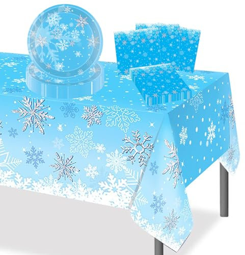POPOYU 37Pcs Frozen Party Tableware Set for 16 Guests,Snowflake Paper Plates,Napkins and Table Cloth,Frozen Party Decorations for Christmas Winter New Year Girls Birthday PartySupplies