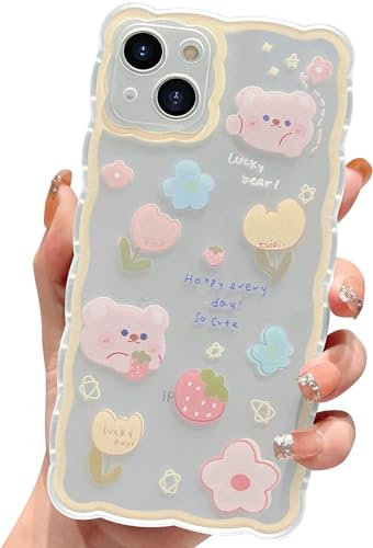 EYZUTAK Case for iPhone 15, Cute Cartoon Flower Strawberry Bear Floral Pattern Curly Wave Frame Lace Design Phone Case Clear Slim Soft TPU Shockproof Protective Cover for Women Girls - Yellow